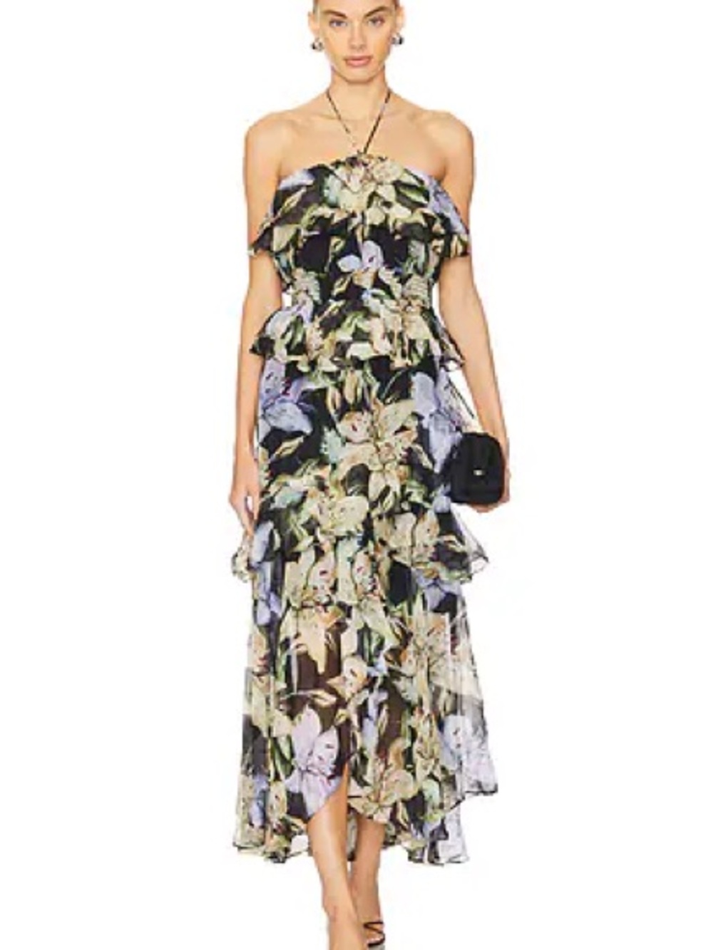 Floral Off-Shoulder Tiered Maxi Dress in Black